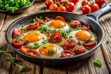 Closeup of a delicious breakfast meal featuring sunny side up eggs and cherry tomatoes freshly cooked in a black skillet with greenery on a rustic wooden table setting