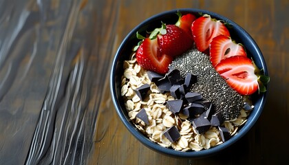 Wall Mural - Delicious oatmeal topped with fresh strawberries, chia seeds, and dark chocolate for a delightful breakfast treat