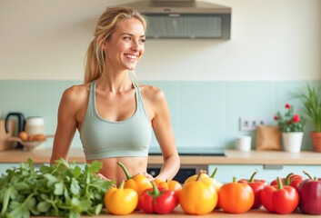 athletic woman smiling in the kitchen vegetables fruits