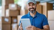 © Pinklife - A smiling man in a cap and polo shirt holds a tablet amid delivery boxes, reflecting contentment with technology, logistics, and modern consumer culture.