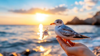 A person gently holds a small bird in their hand near the ocean at sunset with mountainous silhouettes in the background, capturing a serene and peaceful moment in nature.