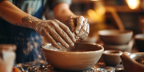 A skilled potter shaping clay into a beautiful bowl on the pottery wheel in a serene studio environment.