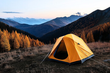 Wall Mural - A yellow camping tent set up on a grassy hill overlooking a scenic mountain range with autumn foliage. The sky is clear, and the sun is setting, creating a tranquil atmosphere.