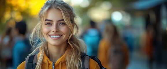 Wall Mural - Happy Young Woman with Backpack Smiling in Urban Environment