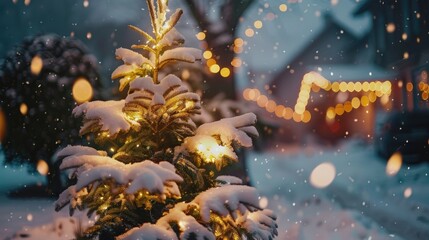 A beautifully decorated Christmas tree glowing in the evening snow