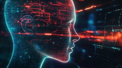 Poster - Virtual Holographic Display, 3D artificial intelligence, human shape and brain 