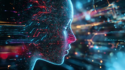 Poster - Virtual Holographic Display, 3D artificial intelligence, human shape and brain 