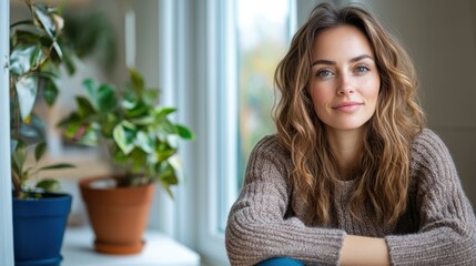 A young woman with a warm smile sits at a window surrounded by lush houseplants, creating a cozy and inviting atmosphere filled with natural tranquility.