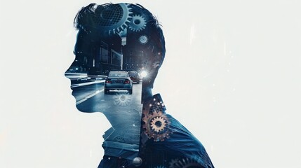 Silhouette of Man with Cityscape and Gears Superimposed