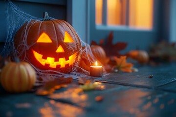 Wall Mural - Halloween pumpkin glowing on wooden porch at night with cobwebs