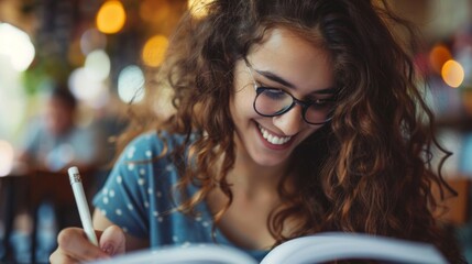 Wall Mural - Young woman with curly hair and glasses, happily writing in a café. Wearing a blue shirt, focused on studying or taking notes.