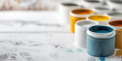 Colorful paint pots arranged artistically on a work surface, showcasing a vibrant array of hues for creative projects.