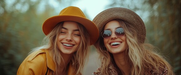 Wall Mural - Two Happy Women Smiling and Looking at the Camera Outdoors