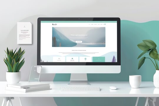 3d rendering of desktop with all devices showing modern design website. All screen graphics are made up.