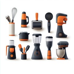 A collection of modern kitchen gadgets and tools featuring a sleek design with orange accents, perfect for home chefs.