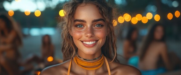 Wall Mural - Happy woman with freckles smiling at the camera during a summer evening party