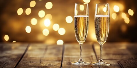 Two elegant champagne flutes filled with bubbly drink, set against a glowing background, perfect for celebrations and toasts.