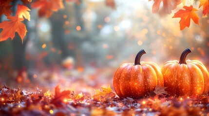 Poster - Glowing Pumpkins Autumn Leaves Fall Background