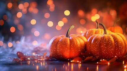 Wall Mural - Glowing Pumpkins with Fairy Lights Autumn Background