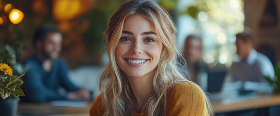 Attractive Woman Smiling at Camera in a Cafe