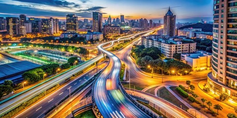 Vibrant urban landscape at dusk featuring a bustling city street intersecting with a Formula One racing circuit, illuminated by neon lights and track lamps.