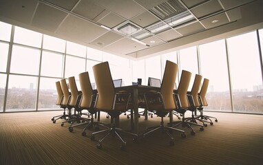 A modern conference room with a large table and ergonomic chairs, designed for meetings and collaboration.