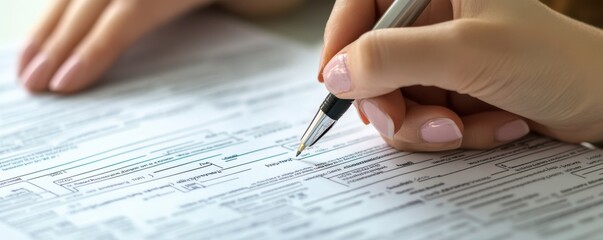 Close-up of a woman signing a tax document with a pen, capturing the concept of responsibility, legal paperwork, and financial management