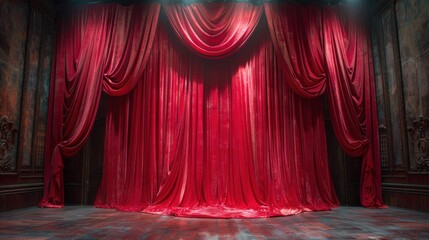 Rich red velvet theatre curtain with elegant drapes. Perfect for dramatic stage designs, luxurious event decor, and classic performance-themed visuals.