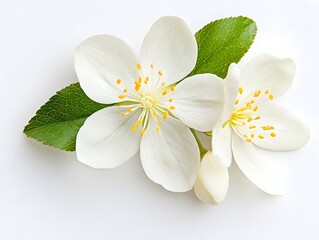 Two white flowers with yellow centers and green leaves on a white background.