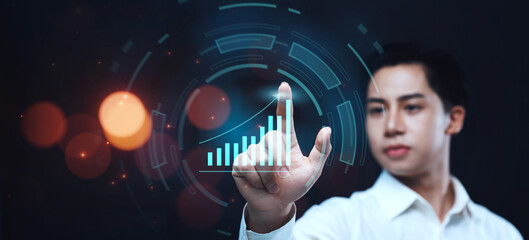 Poster - Businessman analyzing company's financial revenue and profit with value increasing charts, information computer system technology, using data to calculate business strategy, document share transfer.