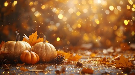 Canvas Print - Golden Pumpkins and Autumn Leaves with Bokeh Background