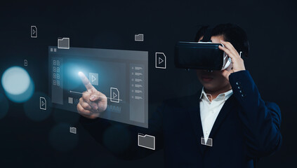 Poster - Businessman using VR virtual reality headset gear, working with multimedia software application technology, tools for business production, managing computer files document in augmented reality.