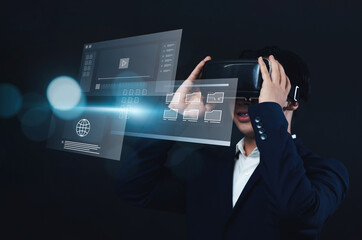 Poster - businessman using vr virtual reality headset gear, working with multimedia software application tech