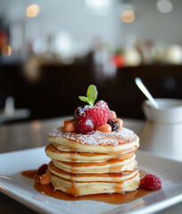 Pancakes with berries and honey on a white plate. A homemade dessert on the kitchen table or a dish in a cafe. Concept for a coffee shop or restaurant, menu design and product card.