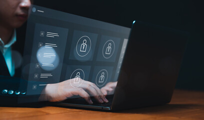 Poster - businessman sharing files and documents to workers online analyzing company's financial revenue and 