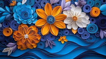 Colorful paper flower art with intricate designs and vibrant colors, featuring blue, orange, and white floral elements on a blue background.