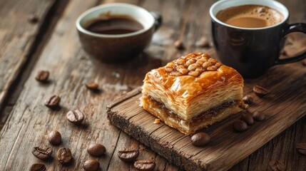 Wall Mural - Turkish pastries on a wooden table with coffee
