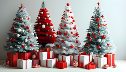 Wall Mural - Whimsical red and white Christmas trees decorated with gifts and ornaments against a light background