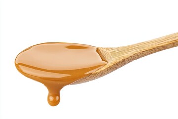 Poster - An isolated close-up of spoon with caramel sauce liquid dipped on it, a sweet sugar sauce for dessert.