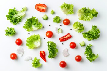 Poster - A fall of green vegetables like lettuce, tomato, cucumber and other falling from a bowl of fresh salad.