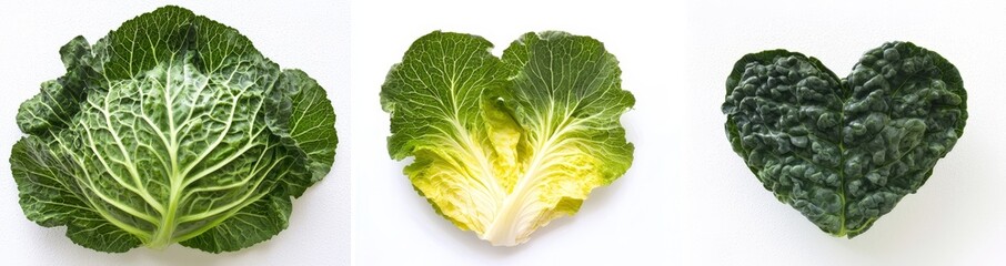 Poster - The green cabbage leaves and whole are isolated on the background. Healthy salad vegetables with organic ingredients in a flat lay.