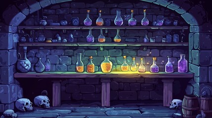 Fototapete - In an empty laboratory hideout, an alchemist works at a workbench. Skulls, potions, toxins, roots, and a enchanted wall surround an empty lab.