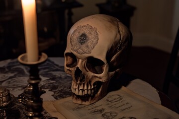 In a dark room, a vivid decorated human skull sits in a dark room with burning candles during a Halloween celebration at night