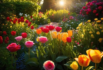 vibrant blooms lively morning garden colorful fresh sunlit atmosphere, flowers, sunlight, colors, petals, foliage, nature, plants, beauty, landscape