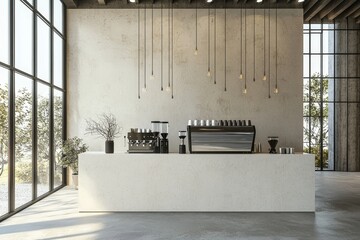 Poster - Designed coffee cafe bar shop with beige cozy tone, ivory round corner counter, coffee machine, and Stock.