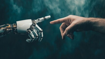 Fototapete - Concept of harmonious coexistence between humans and AI technology, depicts the delicate touch of a human finger on a robot's metallic finger.