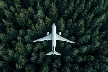 Poster - Aerial view of a white jet taking off or flying in the air above a green rain forest mountain view, nature landscape, and a healthy environment area.