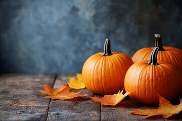 Poster - The scene consists of a row of pumpkins on a wooden background, with space for text. There is a place for the text to be added. Stock image.