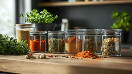 Organic spice powders in modern glass containers, neatly arranged on a rustic kitchen countertop with fresh herbs nearby, ready for gourmet cooking.