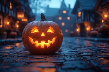 Canvas Print - Pumpkin decorations in the city. Halloween concept. Background with selective focus.